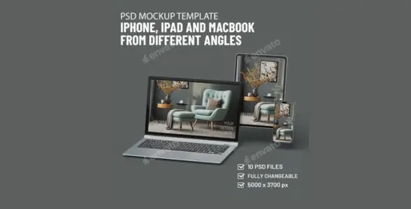 PSD mockups. Iphone, iPad and MacBook from different angles
