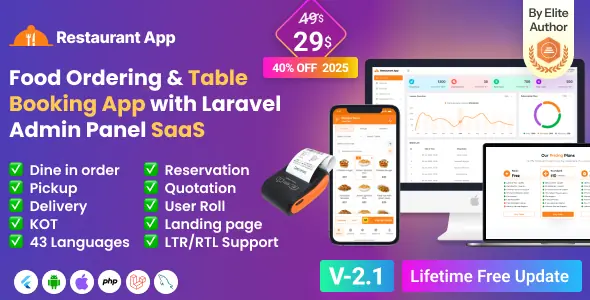 Restaurant App SaaS - Food Ordering I Table Booking I Restaurant App with Laravel Admin Panel
