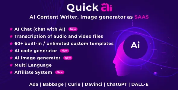 QuickAI - OpenAI - ChatGPT - AI Content, Text, Chat, Image and Code Generator as SaaS